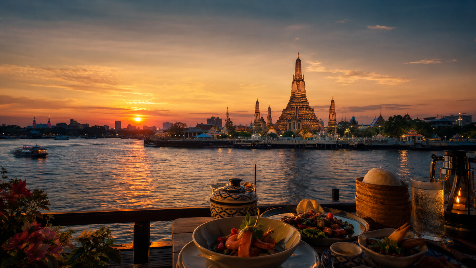 Wat Arun glowing across Bangkok’s Chao Phraya River at sunset